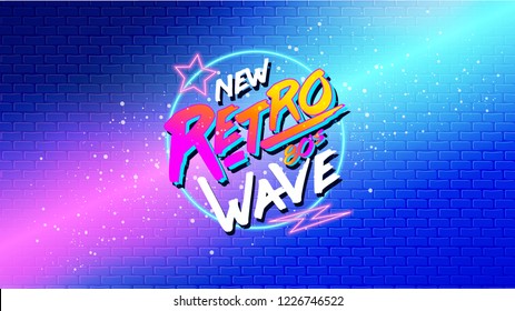 80s, New Retro Wave banner or cover. Old style vector poster. Disco fluorescent neon style for eighties party. 1980 Fashion background easy editable future template