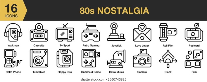 80s Nostalgia icon set. Includes tv, camera, roll film, postcard, film, clock, and More. Outline icons vector collection.