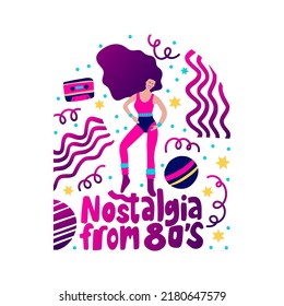 Nostalgia de los años 80 fiesta de música retro afiche funky moda vectorial tarjeta de chica aeróbica para imprimir