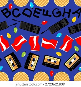 80er Jahre Nostalgie nahtloses Muster mit Kassetten, Waffeln, Walkie-Talkies und Buchstaben auf Blau. Retro Horror Vibe für Tapete und Stoff. Minimalistisches Vintage Tech Design.