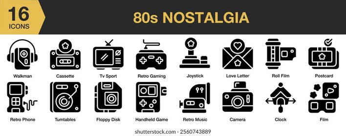 80s Nostalgia solid icon set. Includes tv, camera, roll film, postcard, film, clock, and More. Solid icons vector collection.