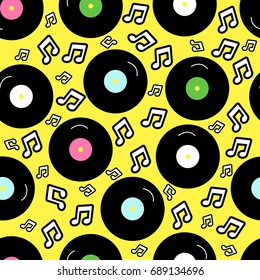 80s nostalgia style, Vintage retro 80's vector fashion seamless background. Pattern with vinyl record in music style.