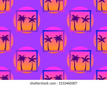 80s palm trees at sunset seamless pattern. Summer time. Retro futuristic sun. Synthwave and retrowave style. Design for advertising brochures, banners and posters. Vector illustration