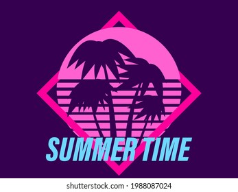 80s palm trees at sunset. Summer time. Retro futuristic sun. Synthwave and retrowave style. Design for advertising brochures, banners and posters. Vector illustration