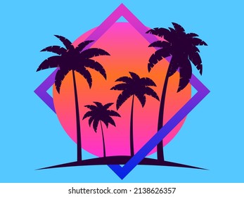 80s palm trees at sunset. Summer time. Retro futuristic sun. Synthwave and retrowave style. Design for advertising brochures, banners and posters. Vector illustration