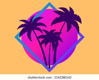 80s palm trees at sunset. Summer time. Retro futuristic sun. Synthwave and retrowave style. Design for advertising brochures, banners and posters. Vector illustration