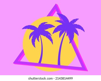 80s palm trees at sunset. Summer time. Retro futuristic sun. Synthwave and retrowave style. Design for advertising brochures, banners and posters. Vector illustration