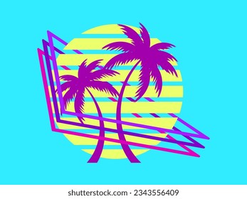 80s palm trees at sunset. Summer time. Retro futuristic sun. Synthwave and retrowave style. Design for advertising brochures, banners and posters. Vector illustration