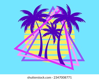 80s palm trees at sunset. Summer time. Retro futuristic sun. Synthwave and retrowave style. Design for advertising brochures, banners and posters. Vector illustration