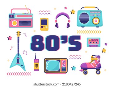 Ilustración de fondo de dibujos animados de los años 80 con música retro, Radio Cassette Player y Disco en diseño de estilo antiguo