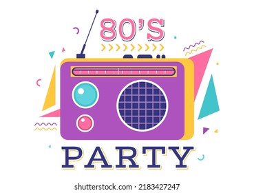 80s Party Cartoon Background Illustration with Retro Music, 1980 Radio Cassette Player and Disco in Old Style Design
