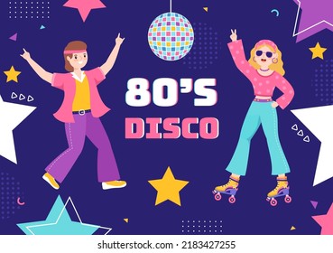 Ilustración de fondo de dibujos animados de los años 80 con música retro, Radio Cassette Player de 1980 y algunas personas bailando disco con diseño de estilo antiguo