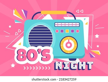 Ilustración de fondo de dibujos animados de los años 80 con música retro, Radio Cassette Player y Disco en diseño de estilo antiguo