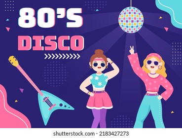 80s Party Cartoon Background Illustration with Retro Music, 1980 Radio Cassette Player and Some People Dancing Disco in Old Style Design