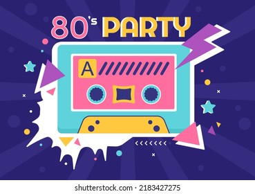 80s Party Cartoon Background Illustration with Retro Music, 1980 Radio Cassette Player and Disco in Old Style Design
