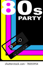 80s Party Design - Retro Audio Cassette Tape on Multicolor Background
