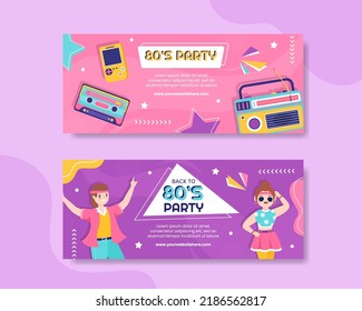 80s Party Horizontal Banner Template Flat Cartoon Background Vector Illustration