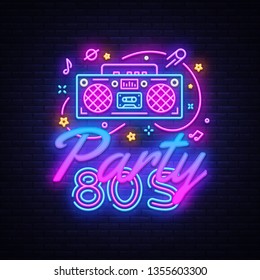 80s Party Neon Sign Vector. Back to the 80's neon design template, modern trend design, night signboard, night bright advertising, light banner, light art. Vector illustration