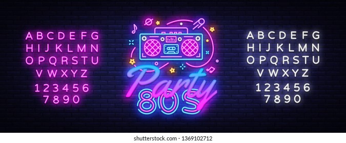 80s Party Neon Sign Vector. Back to the 80s neon design template, modern trend design, night signboard, night bright advertising, light banner, light art. Vector. Editing text neon sign