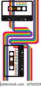 80's Party - Retro Audio Cassette Tapes and Rainbow Ribbons on White Background