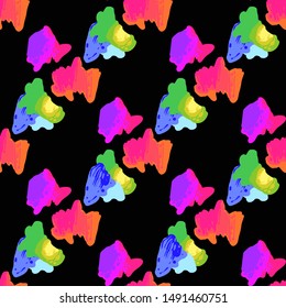 80s party seamless with rainbow leopard tracery. Vector pattern - memphis style, fashion 90s design. Multicolor gradient on black background.
