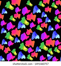 80s party seamless with rainbow leopard tracery. Vector pattern - memphis style, fashion 90s design. Multicolor gradient on black background.