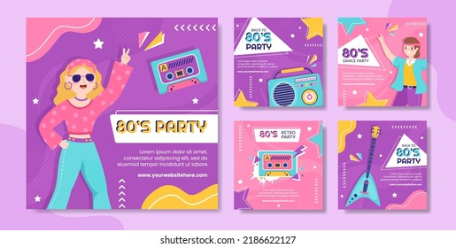 80s Party Social Media Post Template Flat Cartoon Background Vector Illustration