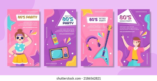 80s Party Social Media Stories Template Flat Cartoon Background Vector Illustration