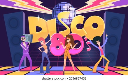 80s persons. Fashioned outfit people in casual clothes walking dancing in jeans and jackets exact vector cartoon background