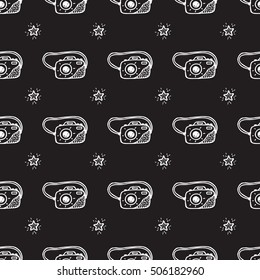 80s Pop Art Wallpaper. Vector Seamless Pattern with Hand Drawn Doodle Retro Photo Cameras and Stars