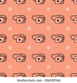 80s Pop Art Wallpaper. Vector Seamless Pattern with Hand Drawn Doodle Retro Photo Cameras and Stars