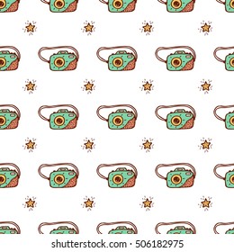 80s Pop Art Wallpaper. Vector Seamless Pattern with Hand Drawn Doodle Retro Photo Cameras and Stars