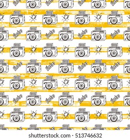 80s Pop Art Wallpaper. Vector Seamless Pattern with Hand Drawn Doodle Camera. Retro Photo Cameras 