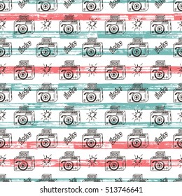80s Pop Art Wallpaper. Vector Seamless Pattern with Hand Drawn Doodle Camera. Retro Photo Cameras 