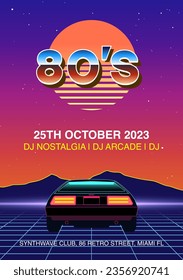 80's poster, flyer project with car, horizon, sunset, mountains and stars. Early 90's template for music event, concert and movie. Inspired by synthwave, retro and cyberpunk. Vector graphic.