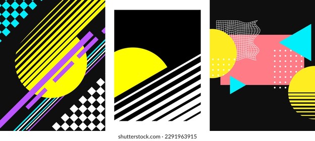 80's posters set. Collection of abstract illustrations in retro style. Vintage graphic designs for flyers, printing projects. Vector artworks.