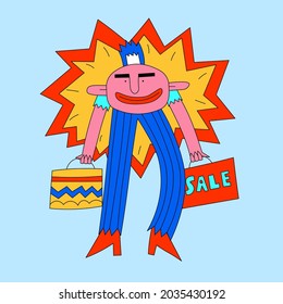 80s psychedelic character at the Christmas market.Funny man on black friday.Purchase on sale. Character with a grocery basket and shopping bags.Hand drawn quirky funky.Nostilgia and celebration