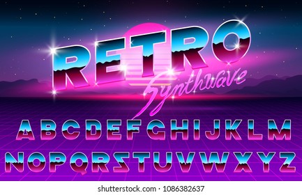 80's purple neon retro font. Futuristic metal chrome letters. Bright Alphabet on dark background. Light Symbols Sign for night show in club. concept of galaxy space. Set of types. Outlined version.