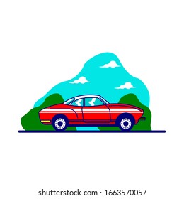 80's Red Car In Flat Illustration