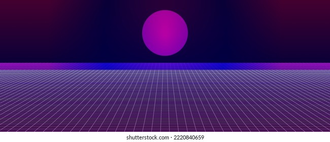 80s reetro background with planet and greed. Futuristic synth retro wave wide poster in style of 1980s. Vector game illustration