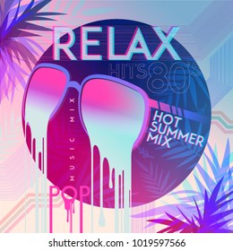 80's. Relax. 80' Hot summer mix. Ultra Violet. Retro style pop disco design neon. fashion party, vector background vintage style. Disco party 1980 club dance night. Eighties video and music mix.