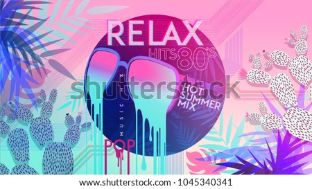 80's. Relax. 80' Hot summer mix. Ultra Violet. Retro style pop disco design neon. fashion party, vector background vintage style. Disco party 1980 club dance night. Eighties video and music mix.