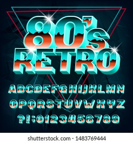 80s Retro alphabet font. 3D effect letters and numbers on abstract background. Stock vector typeface for your typography in retro 80s style.