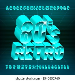 80s Retro alphabet font. 3D letters and numbers in 80s style. Stock vector typescript for your typography design.