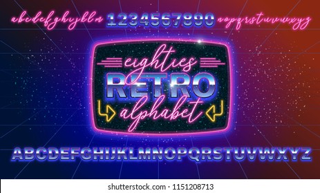 80s, Retro Alphabet Font Banner Or Cover. Old Style Vector Poster. Disco Fluorescent Neon Style For Eighties Party. 1980 Fashion Background Easy Editable Template For Event.