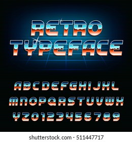 80's retro alphabet font. Chrome effect shiny oblique letters and numbers. Vector typeface for your design.