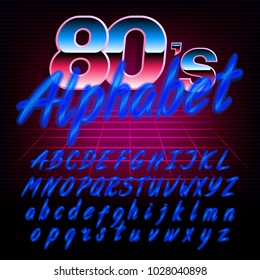 80's retro alphabet font. Glow effect shiny uppercase and lowercase letters. Stock vector typeface for any typography design.