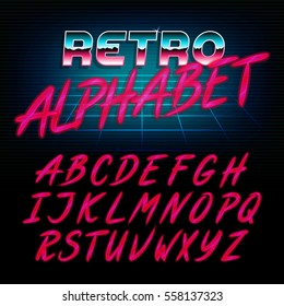 80's Retro Alphabet Font. Glow Effect Shiny Letters. Vector Typeface For Flyers, Headlines, Posters Etc.