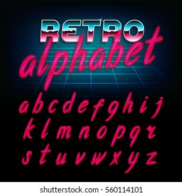 80's retro alphabet font. Glow effect shiny lowercase letters. Vector typeface for flyers, headlines, posters etc.