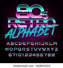 80's retro alphabet font. Metal effect letters and numbers. Stock vector typeface for any typography design.